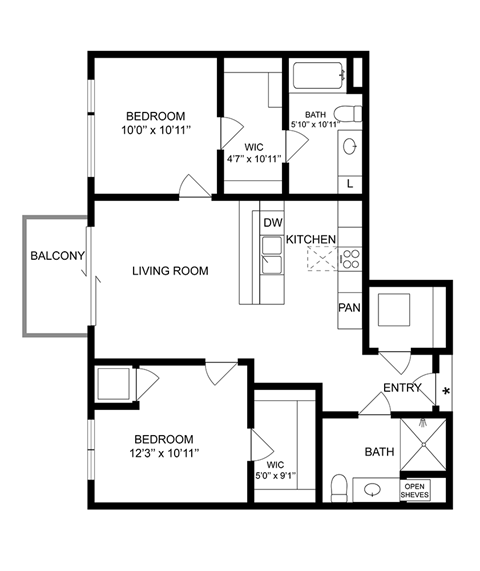 Floor plan for 2 beds, 2 baths, 966 sqft